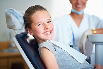 Image showing Dentist chair, exam or portrait of girl in consultation room for mouth, gum or wellness. Dental, cleaning or teeth whitening by kid consulting orthodontist for tooth, growth or braces and development