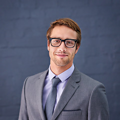 Image showing Businessman, portrait and professional smile with glasses, lawyer career with male person. Happy, formal and suit on confident Canada attorney isolated on background, office clothes for law firm