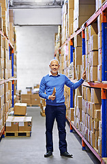 Image showing Checklist, boxes or man in warehouse for shipping delivery order, storage or stock in factory with tablet. Printing logistics, happy mature manager or supplier inspection on package, cargo or safety