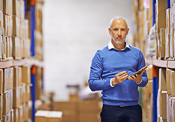 Image showing Tablet, portrait or man by shelf for warehouse order logistics for a delivery stock in factory on internet. Mature, boxes or supply chain for ecommerce product, package or wholesale cargo shipping