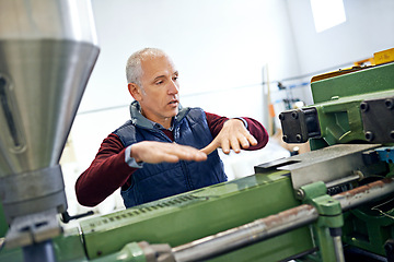 Image showing Factory, machine and man in work discussion, maintenance for industrial safety and diversity employees together. Mechanical engineering, production monitoring system or inspection in warehouse