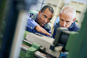 Image showing Factory, machine and coworkers in work discussion, maintenance for industrial safety and diversity employees together. Mechanical engineering, production monitoring system or inspection in warehouse