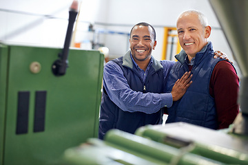 Image showing Factory, machine and coworkers in happy discussion, maintenance for industrial safety and diversity employees together. Mechanical engineering, production monitoring system or inspection in warehouse