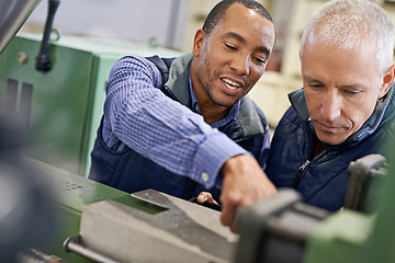 Image showing Factory, machine and coworkers in service discussion, maintenance for industrial safety and diversity employee together. Mechanical engineering, production monitoring system or warehouse inspection