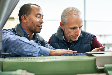 Image showing Factory, machine and colleagues in work discussion, maintenance for industrial safety and diversity employees together. Mechanical engineering, production monitoring system or inspection in warehouse