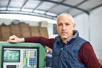 Image showing Engineer, factory and machine with warehouse, control panel and manufacturing industry maintenance. Professional man, tradesman and system with equipment, repair and proud for project or career