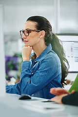 Image showing Business woman, thinking and online planning in office with idea and graphic design project. Staff, professional and startup with a digital employee at a desk with ux work for company website