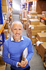 Image showing Portrait, boxes or man with printing factory checklist for delivery order, storage or stock on clipboard. Warehouse, mature manager or supply chain inspection for plant, package or wholesale shipping