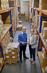 Image showing Logistics, clipboard and business people at a warehouse with top view planning, teamwork or delivery checklist. Retail, online shopping and factory team with compliance documents for cargo storage