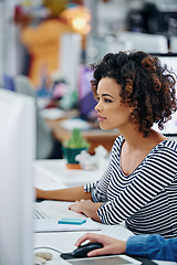 Image showing Woman, working and computer with writing, editing and proofing for deadline in workplace or office. Journalist, media and professional for story, bulletin and feature for magazine or newspaper