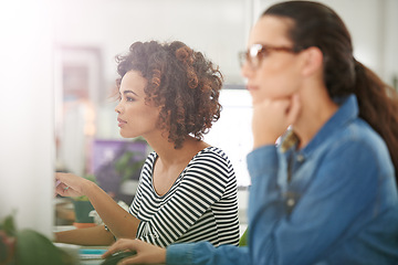 Image showing Business woman, thinking and coworking with planning in office with idea and graphic design project. Staff, professional and startup with a digital employee at a desk with ux work for company website