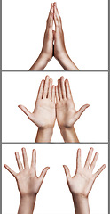 Image showing Hands, palm and collage for gesture in studio isolated on a white background. Closeup, open and fingers of person in montage with sign, prayer and religion for worship on composite with an emoji