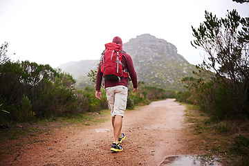 Image showing Man, walking and mountain with bag in nature, Germany trail on wildlife conservation. Active, male person on adventure for health and wellness, confident explorer on backpacking for outdoor sport