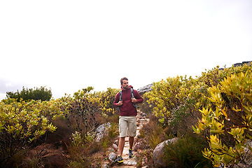 Image showing Hiking, nature and man with backpack, travel and adventure outdoor on mountain path with plants. Journey, fitness and walking with camping gear and bag for exercise and explorer with training