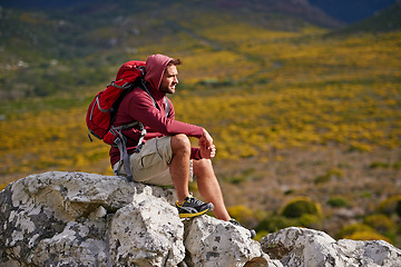 Image showing Man, hiker and gear with backpack, landscape and nature for travel, adventure and hiking. Male person, journey and backpacking for discovery, fitness and exploring for recreation, outdoor and sports