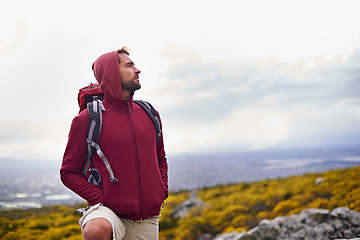 Image showing Man, hiking and mountain with bag in nature, Germany nature trail on wildlife conservation. Active, male person on adventure for health and wellness, confident explorer on rocky terrain for sport