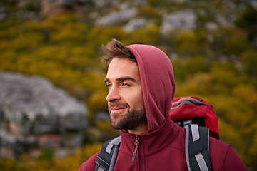 Image showing Man, view and thinking with travel and hiking for fitness, fresh air and backpacking with smile outdoor. Calm, peace and wellness in nature, trekking and adventure for exploring with mindfulness