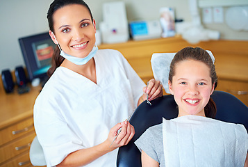 Image showing Dentist, chair and portrait of child for consulting, teeth whitening and wellness in clinic. Healthcare, dentistry and woman and girl with tools for dental hygiene, oral care and medical services