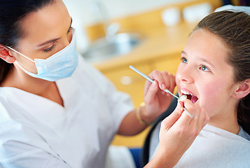 Image showing Woman, dentist and child for teeth consultation or appointment for dental cavity, whitening or examination. Female person, face mask and oral hygiene with tools for gum diagnosis, equipment or tooth