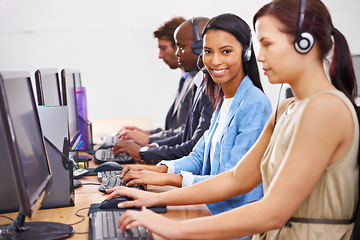 Image showing Woman, portrait and coworking at call center with computer for tech support, help desk and customer service agency. Telecom, CRM and consultant for telemarketing, contact us and advice at workplace