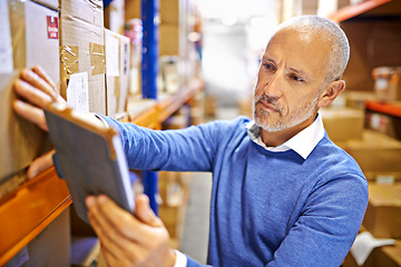 Image showing Tablet, label or man with warehouse order logistics for a delivery stock in factory on internet by boxes. Mature, shelf or supply chain for ecommerce product, package or wholesale cargo shipping