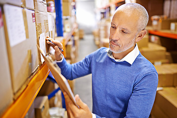 Image showing Checklist, factory or mature man with warehouse logistics for delivery order, storage or stock on clipboard. Writing, plant or supply chain inspection for product, package or wholesale cargo shipping