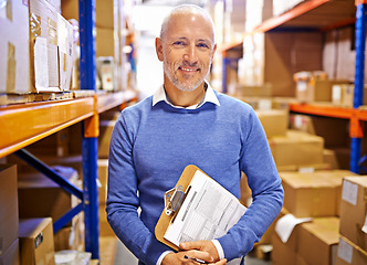 Image showing Portrait, boxes or man with factory checklist for delivery order, storage or stock on clipboard. Warehouse, mature manager or supply chain inspection for product, package or wholesale cargo shipping