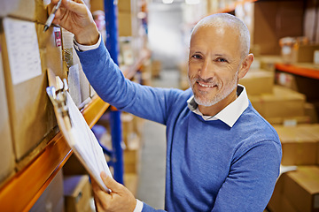 Image showing Portrait, boxes or man with warehouse checklist for delivery order, storage or stock on clipboard. Factory, mature manager or supply chain inspection for product, package or wholesale cargo shipping