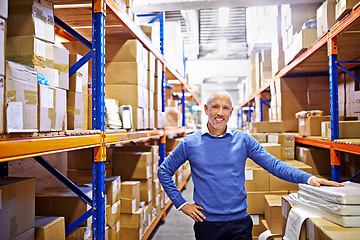 Image showing Portrait, boxes or man in printing factory for delivery order, storage or stock in warehouse or plant. Smile, happy mature manager or supply chain inspection for cargo, package or wholesale shipping