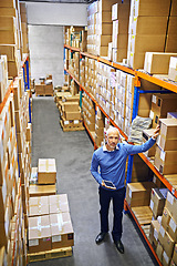 Image showing Tablet, portrait or top view of man in warehouse for delivery boxes, storage or stock in factory for website. Printing, manager or supply chain inspection for cargo, package or wholesale shipping