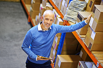 Image showing Tablet, box or portrait of man in warehouse for delivery order label, storage or stock in factory for website. Printing, happy mature manager or supplier inspection for package or wholesale shipping