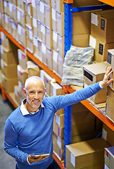 Image showing Top view, box or portrait of man in warehouse for delivery order label, storage or stock in factory with tablet. Printing, happy mature manager or supplier inspection on package or wholesale shipping