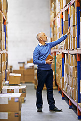 Image showing Shelf, boxes or man in factory for shipping delivery order, storage or stock in warehouse on tablet. Printing logistics, mature manager or supplier inspection on package, cargo or safety checklist