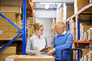 Image showing Tablet, checklist and business people in storage warehouse for logistics, supply chain and cardboard box. Package, ecommerce and employees with technology for shipping, cargo and stock taking