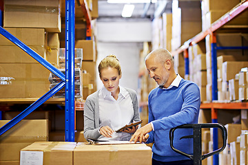 Image showing Technology, checklist and business people in distribution warehouse for logistics, supply chain and cardboard box. Package, ecommerce and employees with tablet for shipping, cargo and stock taking