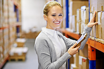 Image showing Tablet, portrait or happy woman in warehouse for shipping delivery, box shelf and stock in factory for storage. Printing logistics, smile or supplier inspection on package, cargo or for online order