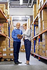 Image showing Checklist, boxes or people in warehouse for shipping delivery order, teamwork or stock in factory on clipboard. Printing logistics, managers or supplier inspection on package, cargo or plant safety