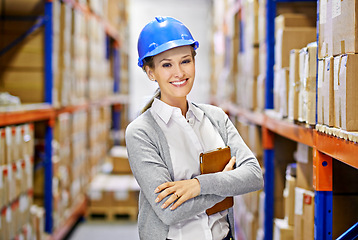 Image showing Tablet, portrait or woman in warehouse for storage, shipping delivery, product or stock in factory by shelf. Packaging, logistics, boxes or inspection on package or cargo for online order on website