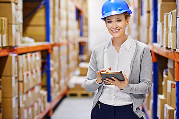 Image showing Tablet, portrait or woman in warehouse for safety, shipping delivery, product or stock in factory by shelf. Printing logistics, happy inspector or boxes for package or cargo for online order on web