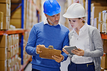 Image showing Checklist, tablet or people in warehouse for logistics info for a delivery order, boxes or website in a plant. Online, teamwork or factory workers with product, package or wholesale cargo shipping