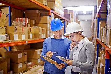 Image showing Checklist, tablet or people in warehouse for inspection info for a delivery order, boxes or website in a plant. Online, teamwork or factory workers with product, package or wholesale cargo shipping