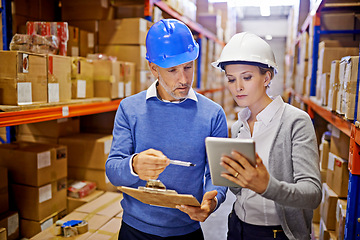 Image showing Warehouse, man and woman with tablet, teamwork and inspecting inventory with cooperation. Large distribution, supervisor and management with technology and update schedule with app and industrial