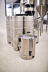 Image showing Keg, beer production and distillery with equipment for process, factory or brewery with craft drink. Alcohol, metal container and industrial machine, brewing system and tools for manufacturing