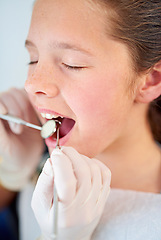 Image showing Dental, exam and girl and dentist with mirror zoom for tooth cavity or gum disease search. Oral care, tool or kid consulting specialist for teeth whitening, growth or bacteria, braces or development