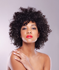 Image showing Skincare, beauty and portrait of black woman with red lipstick, afro and pride with confidence in studio. Dermatology, facial cosmetics and model with makeup aesthetic isolated on white background