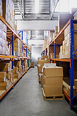 Image showing Warehouse, shelf and boxes with storage, supply chain and import with export for products and shipping. Stock, package or inventory with cargo and manufacturing with industry, service or distribution