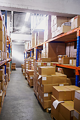 Image showing Warehouse, boxes and industry with distribution, storage and inventory with shelves and service. Import, export and cardboard with package or manufacturing with cargo, backlog or parcel with supplier