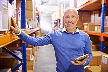 Image showing Tablet, portrait or mature man with warehouse logistics for a delivery order in factory on internet by boxes. Online, shelf or supply chain for ecommerce product, package or wholesale cargo shipping