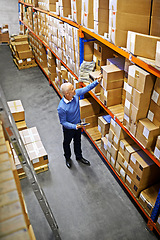 Image showing Tablet, boxes or above of man in factory for delivery order, storage or stock in warehouse for website. Printing, mature manager or supply chain inspection for cargo, package or wholesale shipping