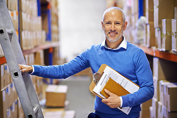 Image showing Ladder, box or portrait of man in warehouse for delivery order label, storage or stock in factory with checklist. Printing, happy and manager or supplier inspection on package, cargo or shipping